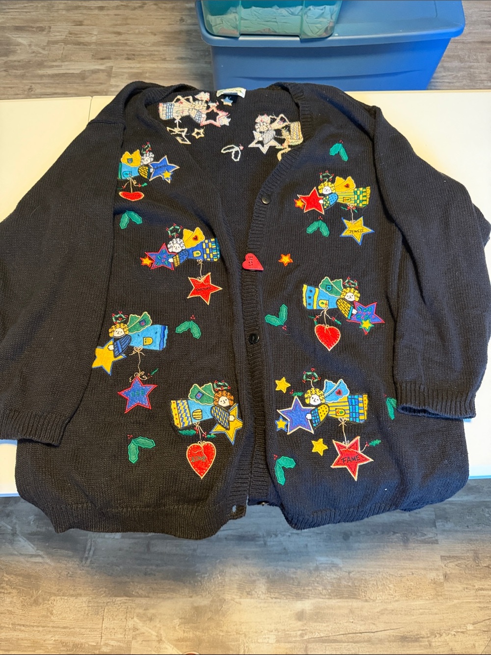 Quacker Factory Black Knit Sweater with Multicolor Star and Lamb Appliqués